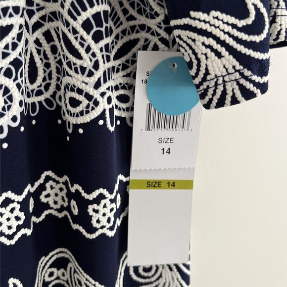 R&K Navy Blue & White Paisley Lace Print Dress Women’s Size 14 Short Sleeve NWT - Picture 4 of 15